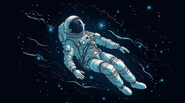 Een astronaut die in de ruimte zweeft met een blauwe achtergrond en de woorden astronaut aan de linkerkant.