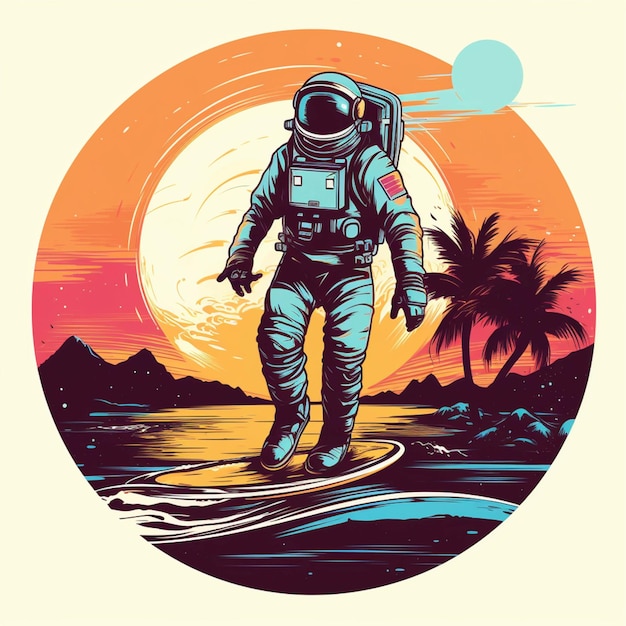 Een astronaut die op een surfplank in de oceaan loopt bij zonsondergang generatieve ai