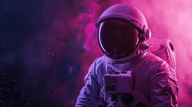 Foto een astronaut in de ruimte met een levendige kosmische nevel op de achtergrond