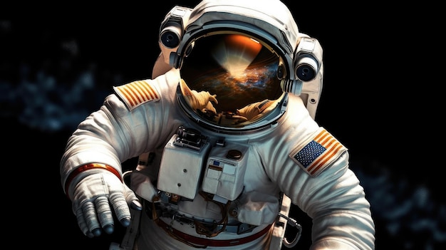 Een astronaut in de ruimte met een weerspiegeling van de zon op zijn gezicht.