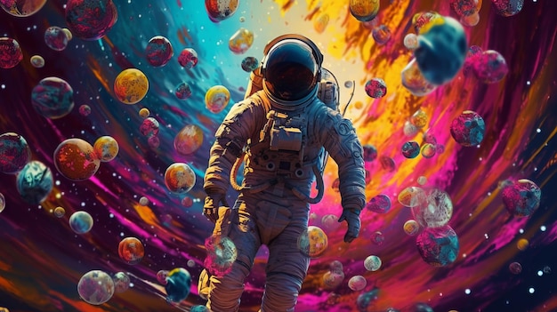 Een astronaut in een baan met gekleurde sterren