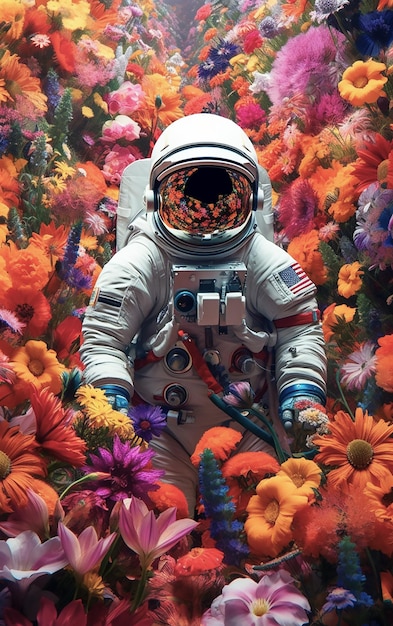 Een astronaut in een bloemenveld met een gezicht erop geschilderd.