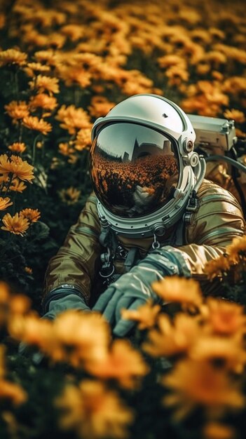 Een astronaut in een bloemenveld met een weerspiegeling van een gebouw op het glas.