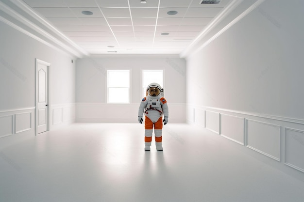 Foto een astronaut in een oranje pak staat in een kamer met een witte muur en een raam