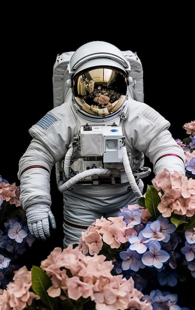 Een astronaut in een pak met bloemen op de achtergrond.