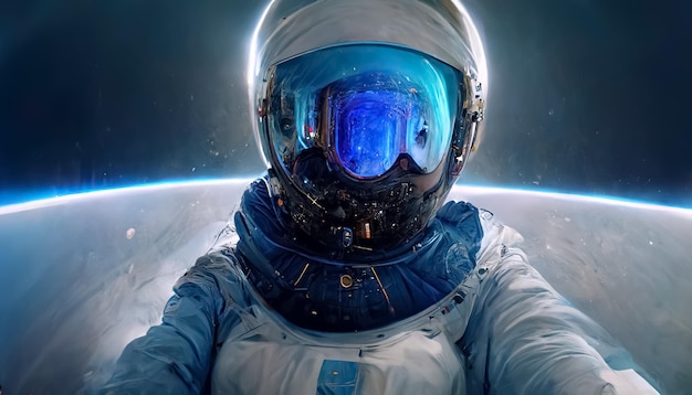 Een astronaut in een ruimtepak met een groot blauw licht op het gezicht.