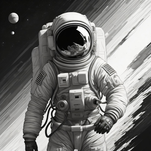 Een astronaut in een ruimtepak met een maan op de achtergrond.