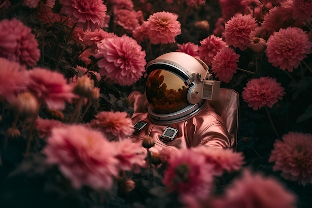 Een astronaut in een ruimtepak tussen roze dahliabloemen Generatieve AI 1