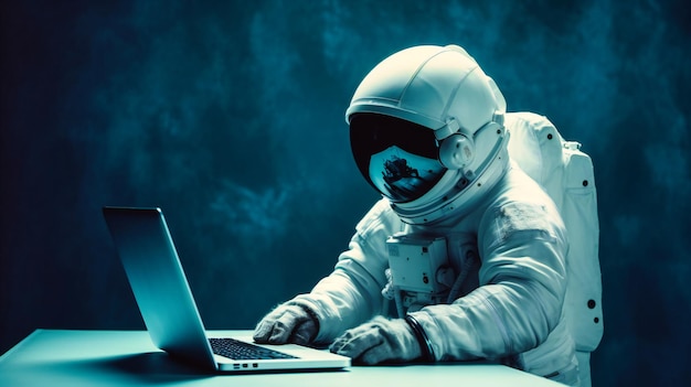 Een astronaut in een wit ruimtepak met een laptop aan het bureau
