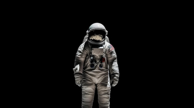 Een astronaut in een zwart ruimtepak met een rode vlek op zijn helm.