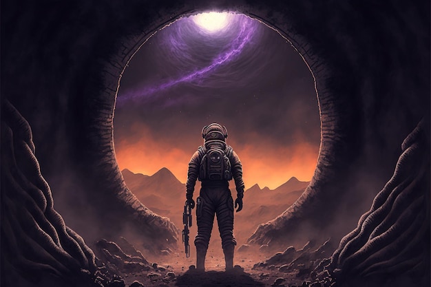 Een astronaut kijkt naar de ruïnes van een verlaten stad De man in het ruimtepak staat op de ruïne van een gieterij en kijkt naar tentakel aliens Digitale kunststijl illustratie schilderij