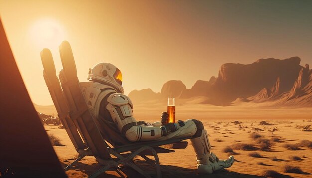 Een astronaut ligt op een ligstoel en drinkt bier Generative AI