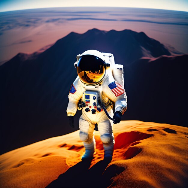 Een astronaut loopt op een rode planeet waar de zon op schijnt.