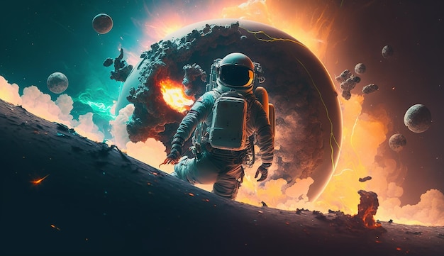 Een astronaut loopt over een planeet met een planeet op de achtergrond.