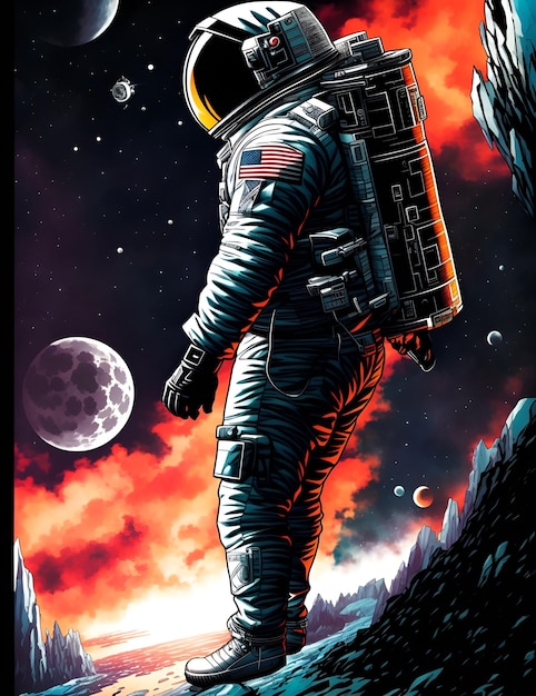 Een astronaut met de maan op de achtergrond