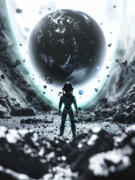 een astronaut met een donker zwart ruimtetuig die staart naar een gigantische planeet sci-fi stijl film cover