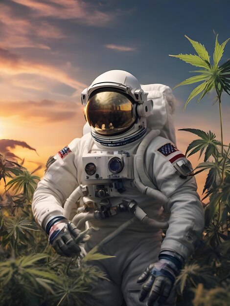 Een astronaut met een glazen bong op de achtergrond een zonsondergang met veel cannabisplanten