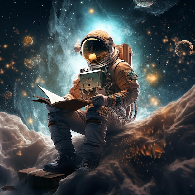 Een astronaut omringd door sterren en sterrenstelsels die leest