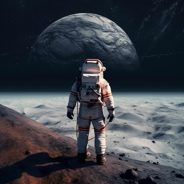 Een astronaut op de maan met een planeet op de achtergrond.