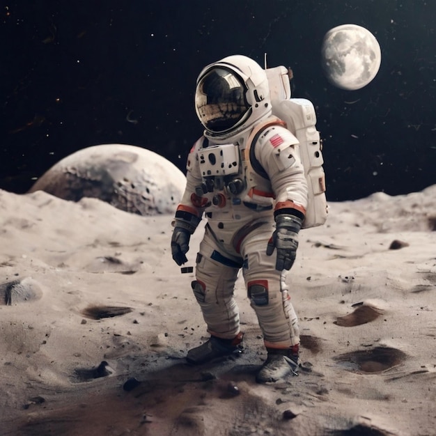 een astronaut op de maan met een ruimteschip op de achtergrond