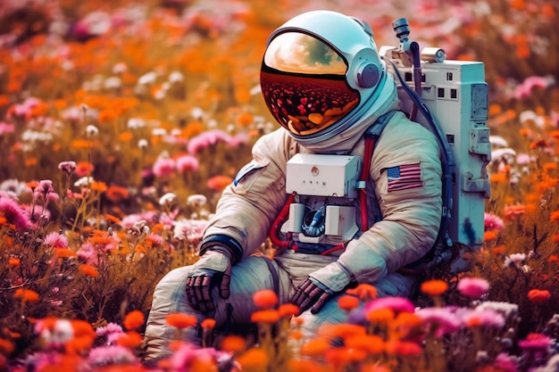 Een astronaut op een andere planeet in een veld van kleurrijke bloemen