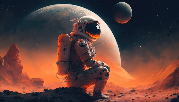 Een astronaut op een planeet met planeten op de achtergrond