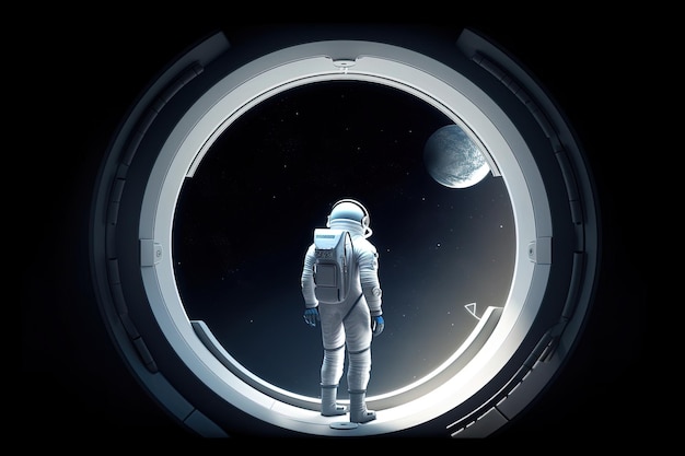 Een astronaut staat in een ruimtestation en kijkt naar de maan.