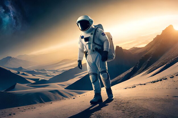 Een astronaut staat in een woestijn met bergen op de achtergrond.