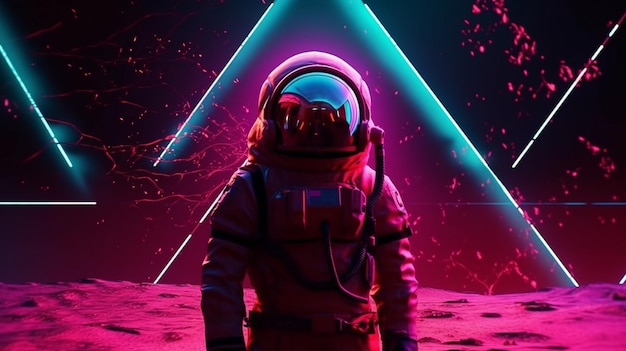 Een astronaut staat in neonkleuren op de maan