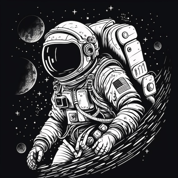 Een astronaut staat op een donkere achtergrond met de maan op de achtergrond.