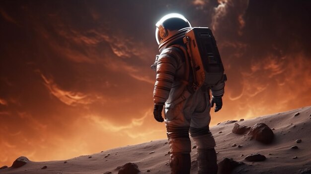 Een astronaut staat op een planeet met een bewolkte lucht op de achtergrond.