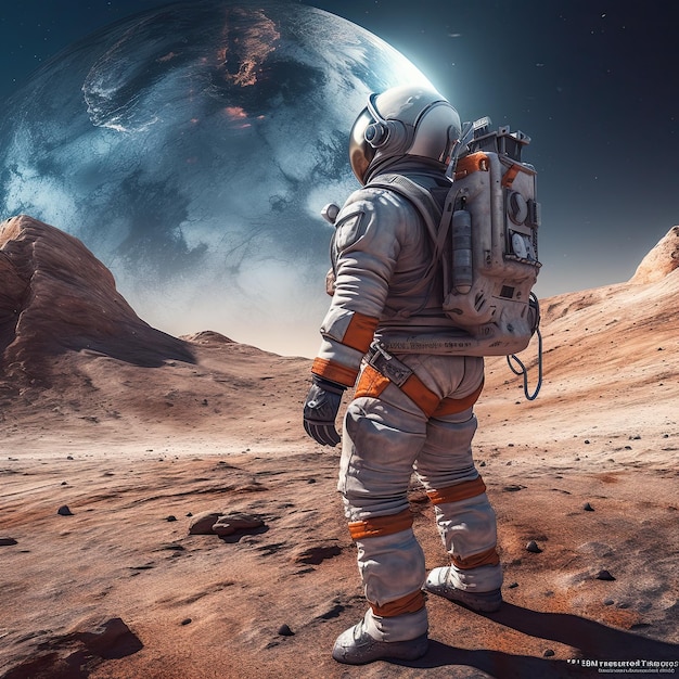 Een astronaut staat op een planeet met een planeet op de achtergrond.