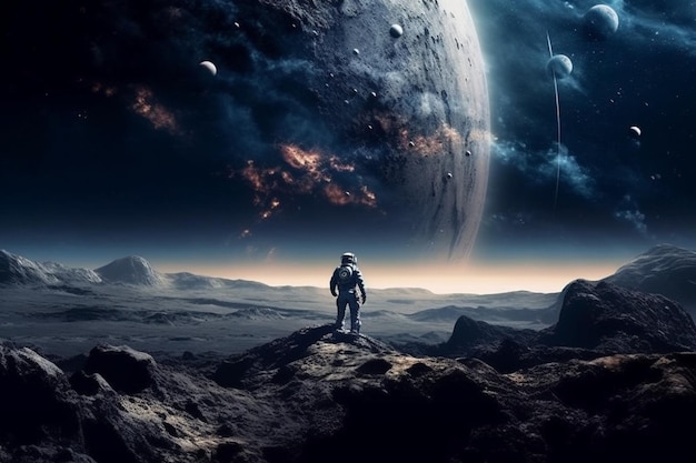Een astronaut staat op een planeet met een planeet op de achtergrond