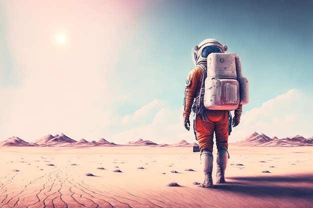 Een astronaut staat op een verlaten planeet, het oppervlak van Mars