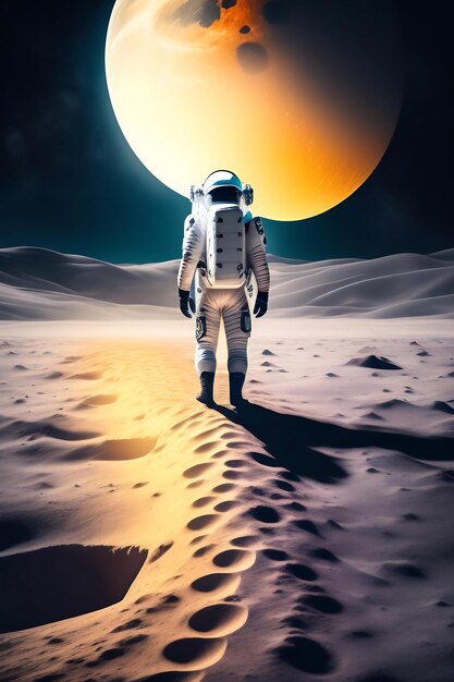 Een astronaut staat op het oppervlak van de maan