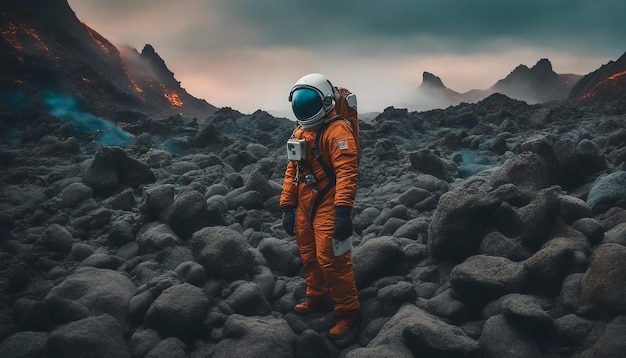 Een astronaut tussen de vulkanische rotsen