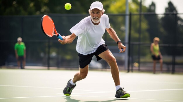 Een atleet die een bal slaat in een sport die pickleball wordt genoemd