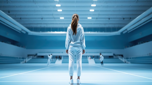 Een atlete in een wit trainingspak staat peinzend bij de ingang van een indoor tennisbaan, klaar voor actie