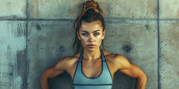 Een atletisch atletisch meisje staat tegen een betonnen muur Generatieve AI