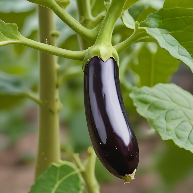 een aubergine groeit op een plant in een veld