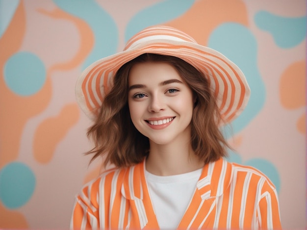Een Australisch meisje met trendy feloranje kleurkleding en een ronde hoed