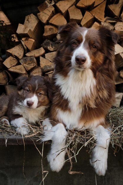 Een Australische puppy naast moeder rode driekleur