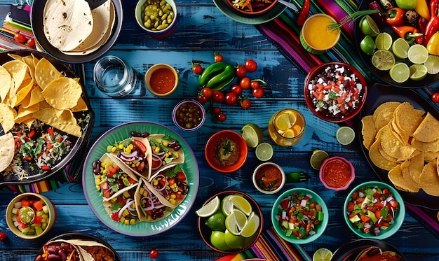 Een authentiek Mexicaans gezin viert Cinco de Mayo samen aan een feestelijke tafel Mexicaans eten