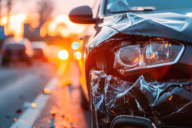 Een auto die in tweeën is gebroken aan de kant van de weg met de zon die door de