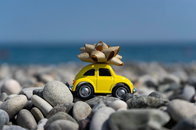 Een auto die op de stenen op het strand staat