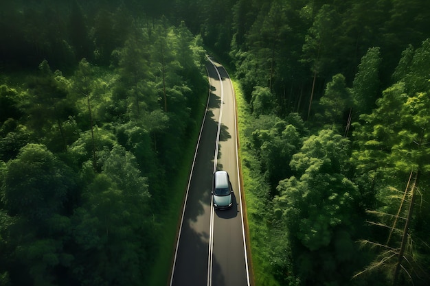 Een auto die op een bergweg rijdt met bomen overal rond