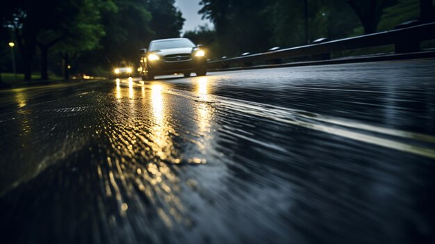 Foto een auto die op een natte weg rijdt