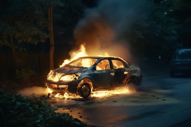 Een auto die's nachts in brand staat.