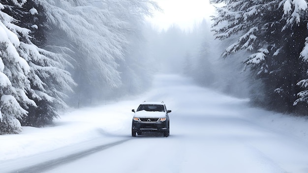 Een auto in de winter op een besneeuwde weg die door het bos loopt Generatie AI