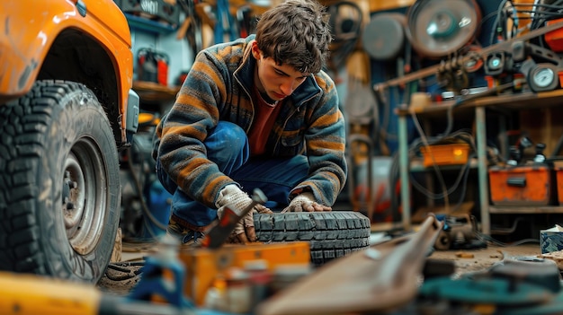 Een auto-mechanicus die aan de band werkt in een moderne werkplaats een professionele werknemer die reparatiewerk doet